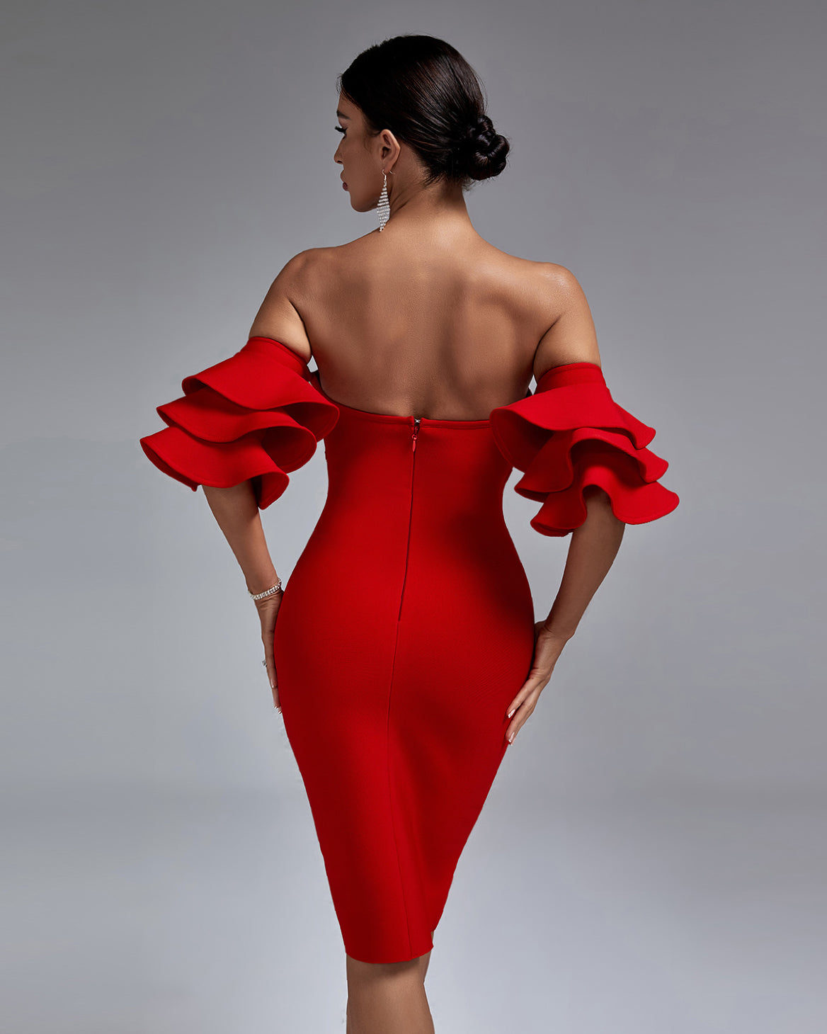 Off Shoulder Waterfall Sleeve Bandage Dress