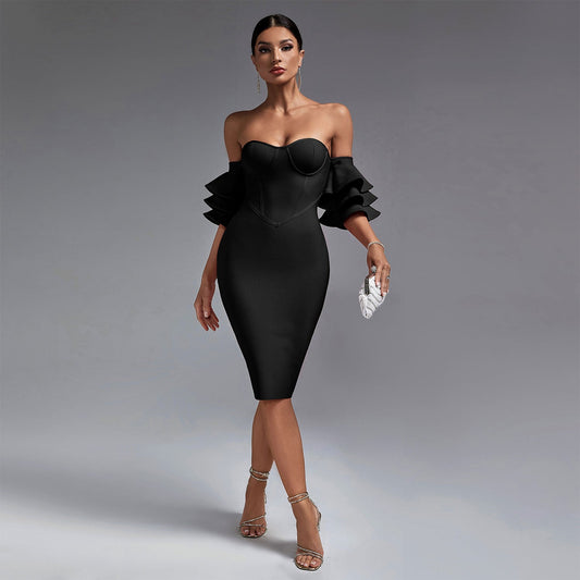 Off Shoulder Waterfall Sleeve Bandage Dress