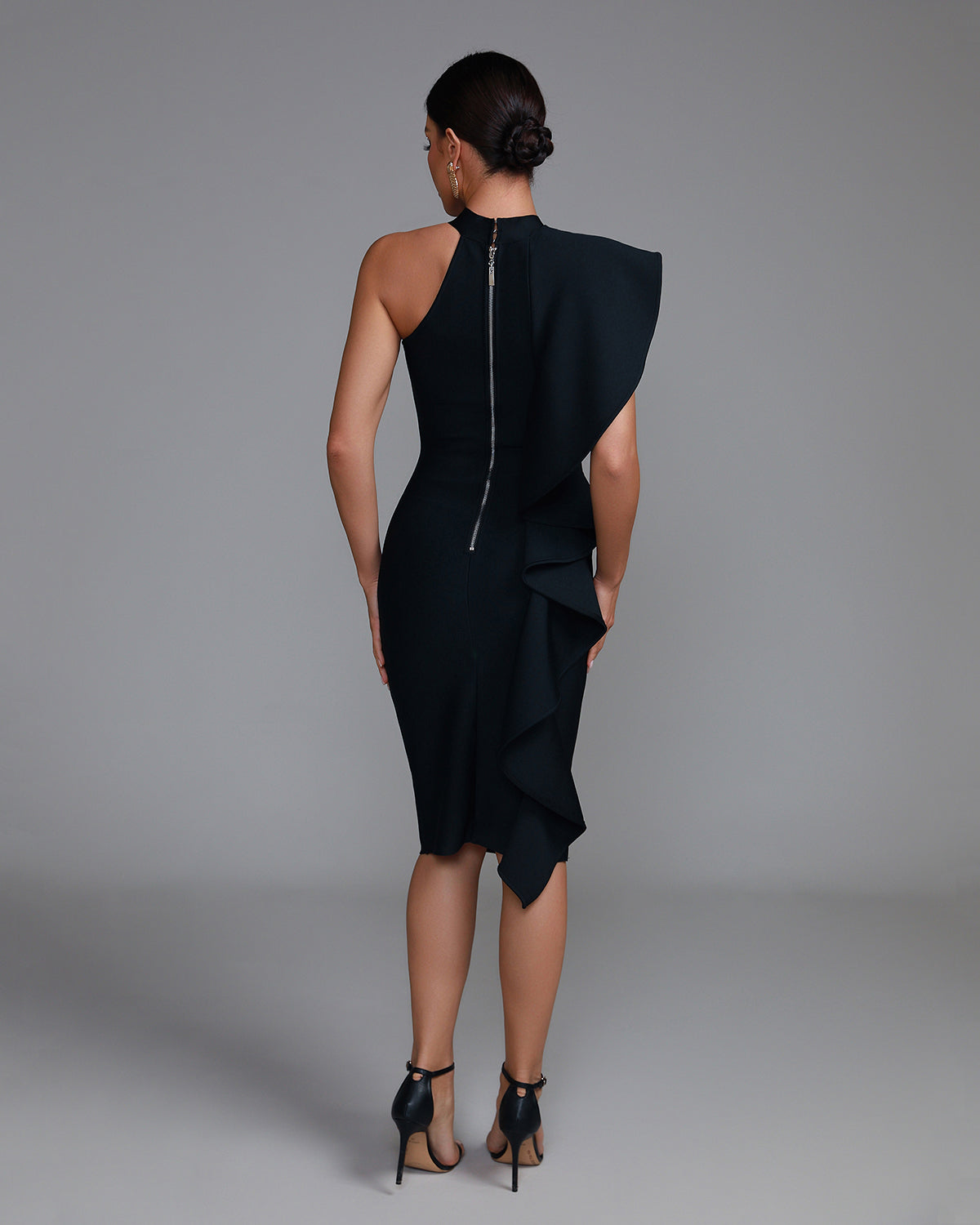 Asymmetric Ruffle Midi Bandage Dress