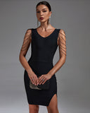 V Neck Draped Beads Bandage Dress