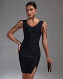 V Neck Draped Beads Bandage Dress