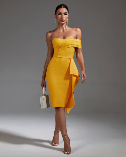 Off Shoulder Ruffled Midi Bandage Dress