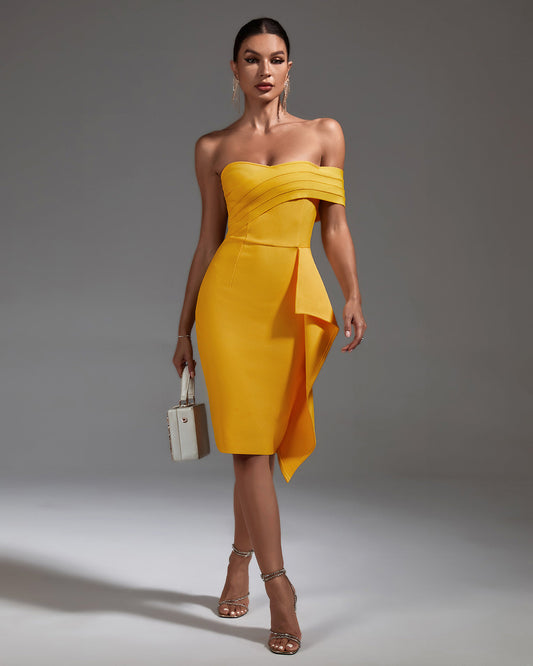 Off Shoulder Ruffled Midi Bandage Dress