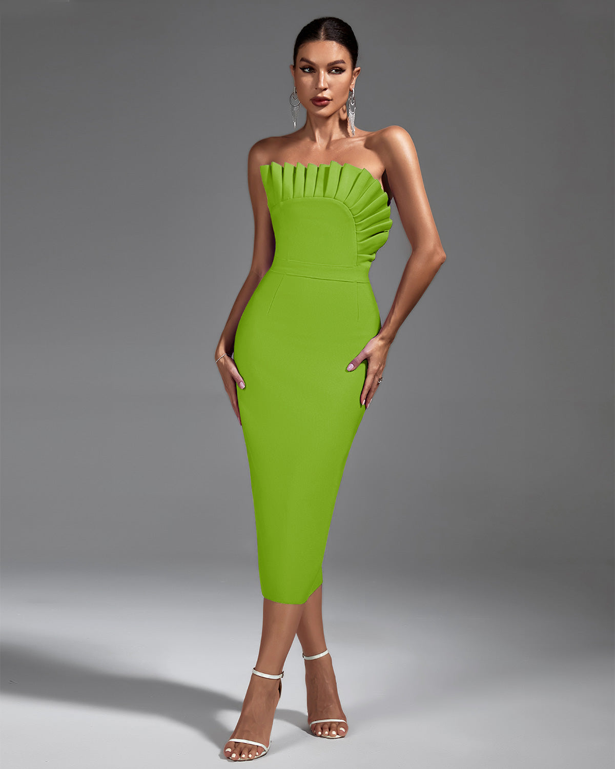 Strapless Pleated Midi Bandage Dress