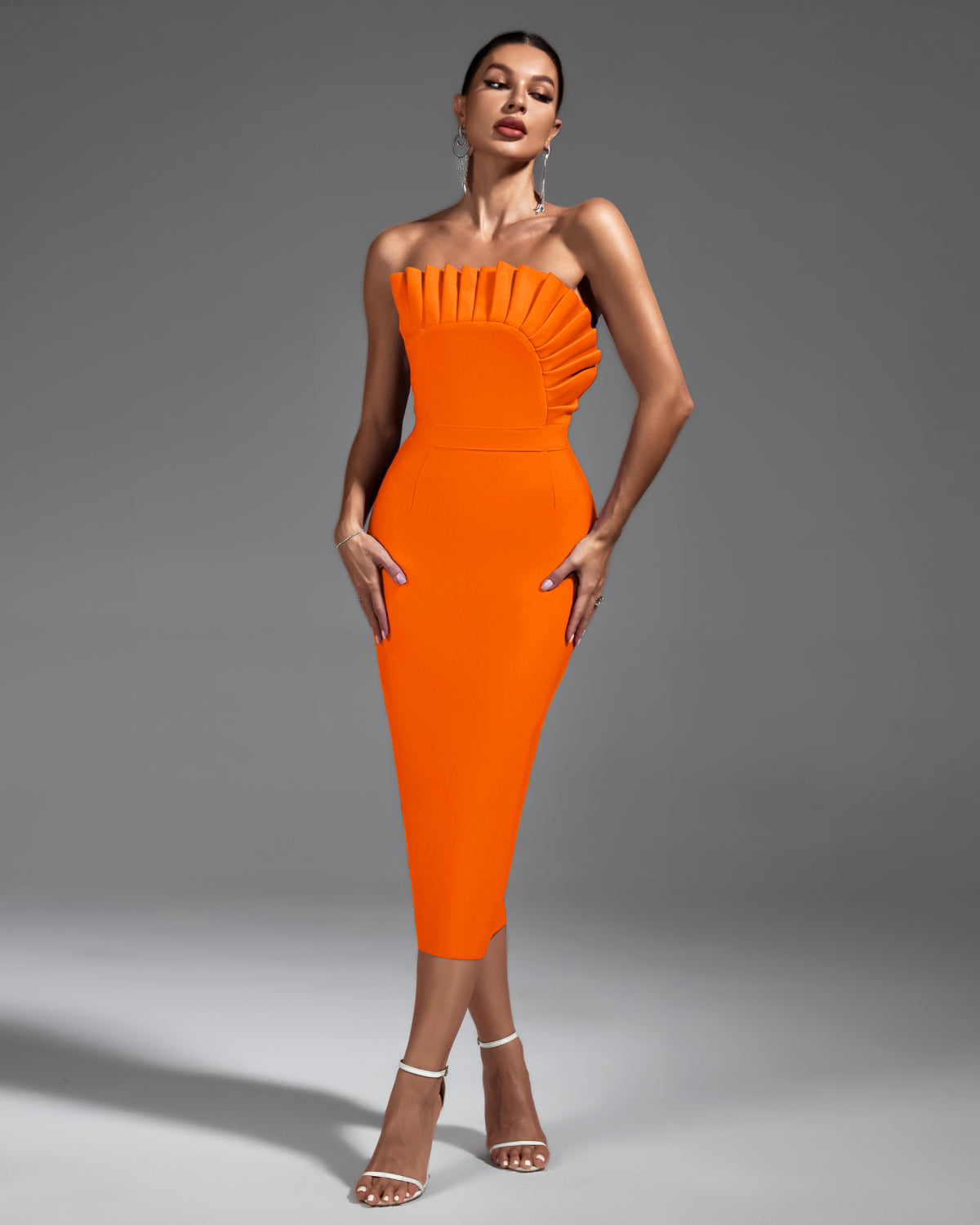 Strapless Pleated Midi Bandage Dress