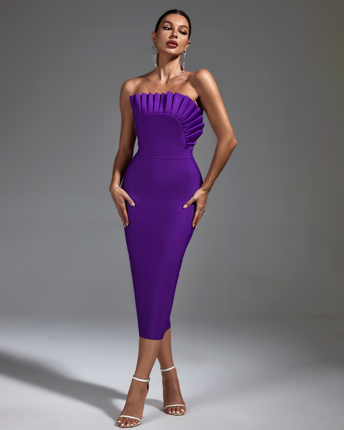 Strapless Pleated Midi Bandage Dress