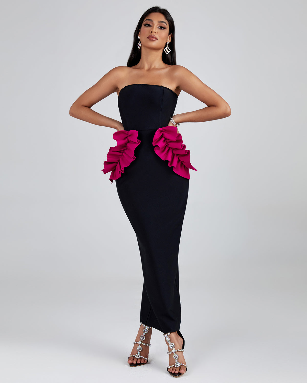 Pleated Ornamented Bandage Long Dress