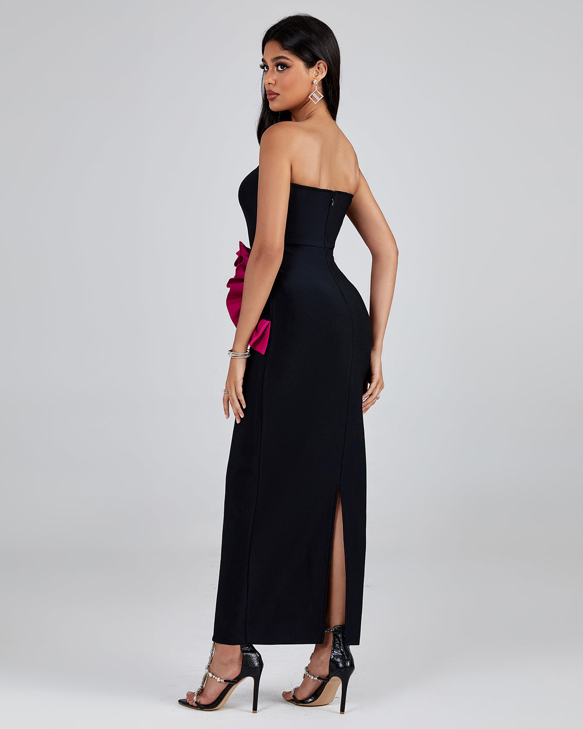 Pleated Ornamented Bandage Long Dress