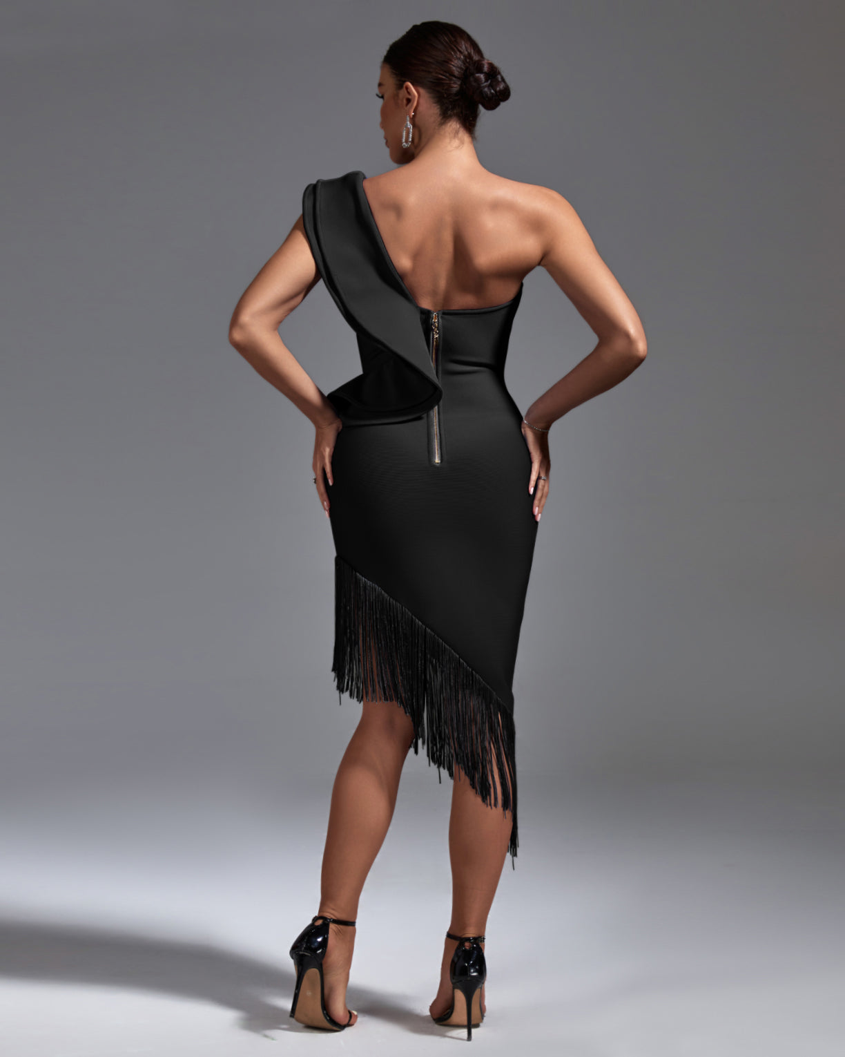 One Shoulder Tassels Midi Bandage Dress