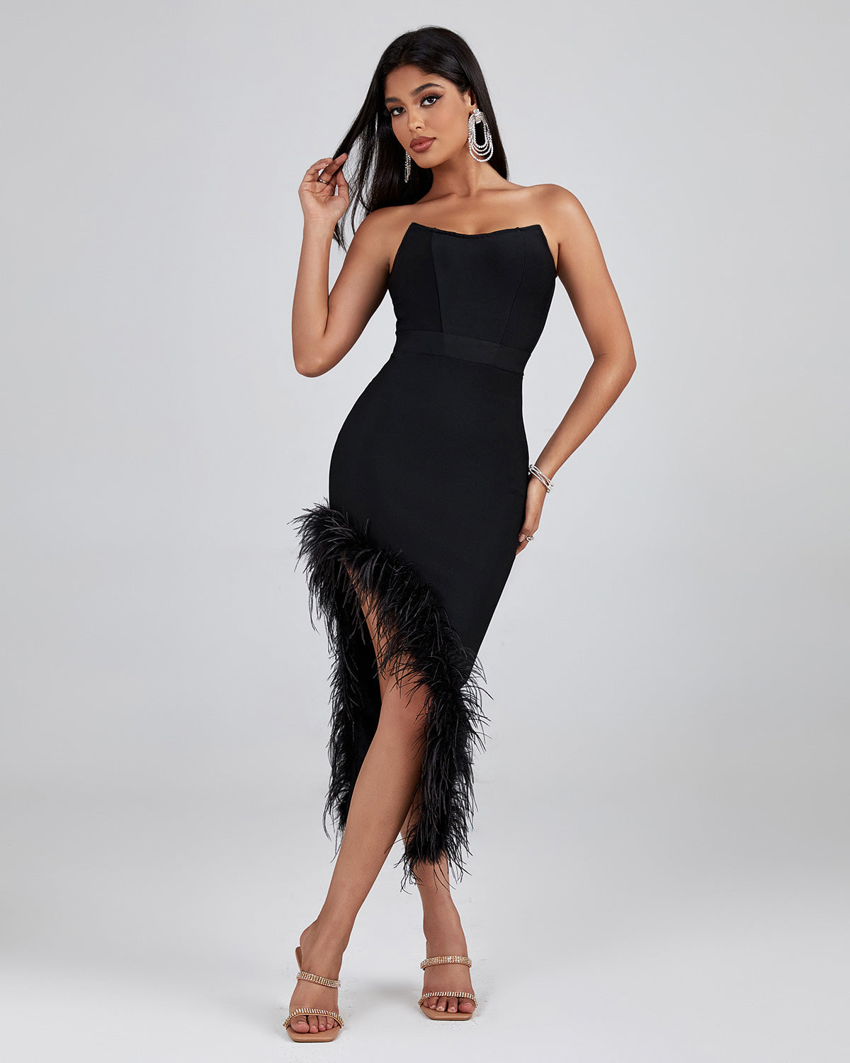 Strapless Feather Trim Midi Bandage Dress