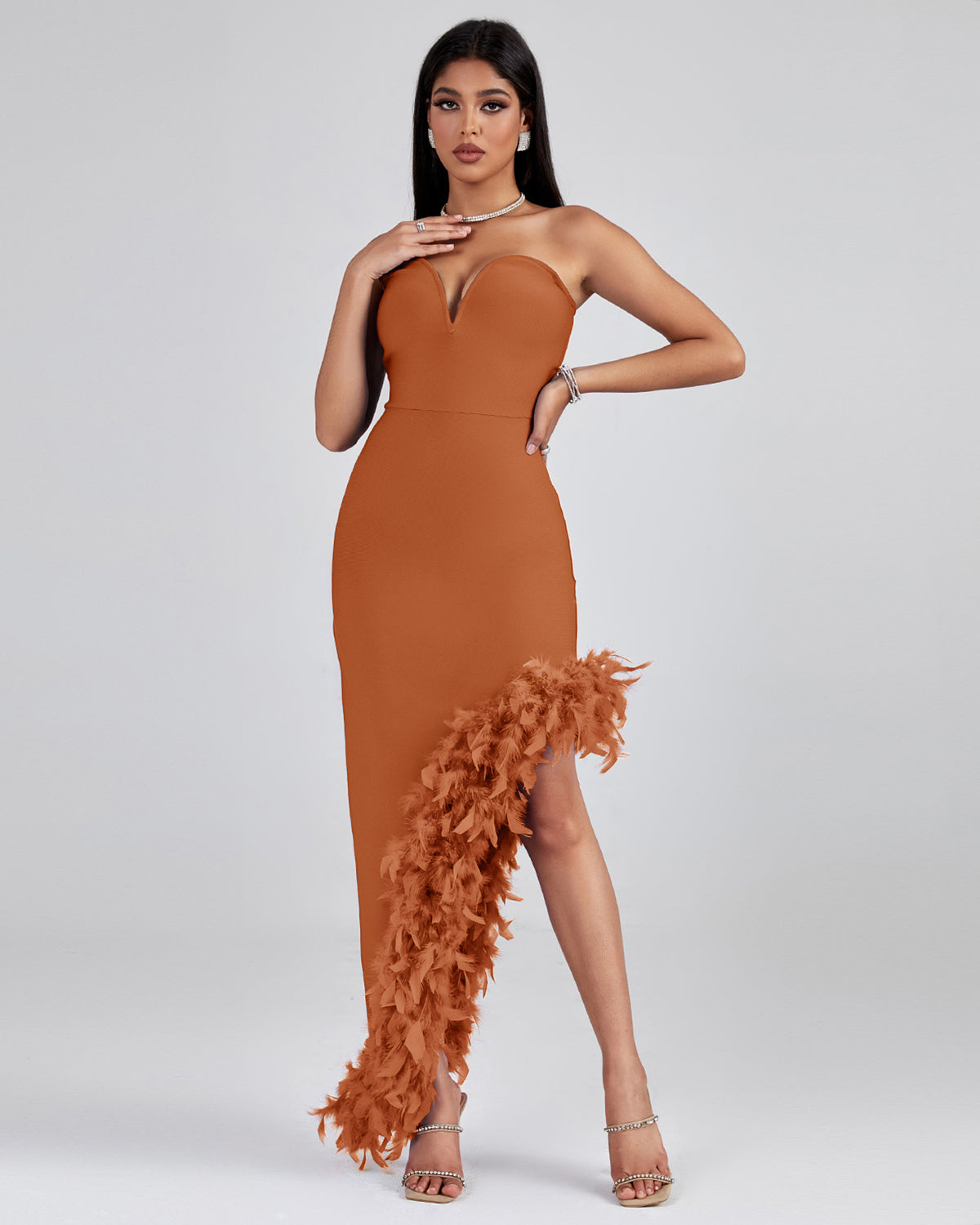 Strapless Feather Trim Bandage Long Dress