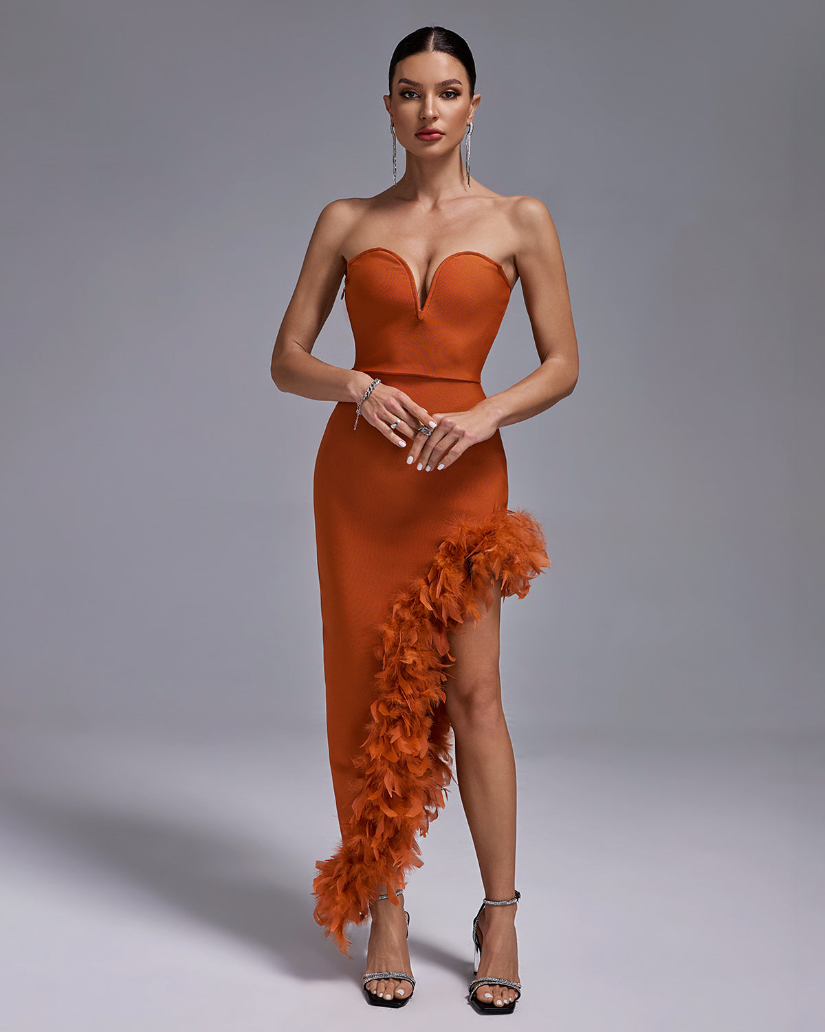 Strapless Feather Trim Bandage Long Dress