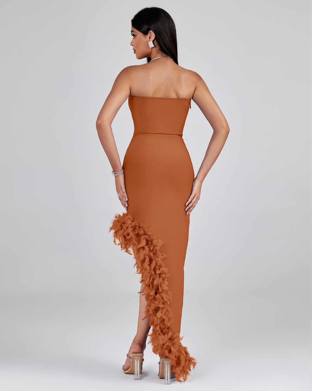 Strapless Feather Trim Bandage Long Dress