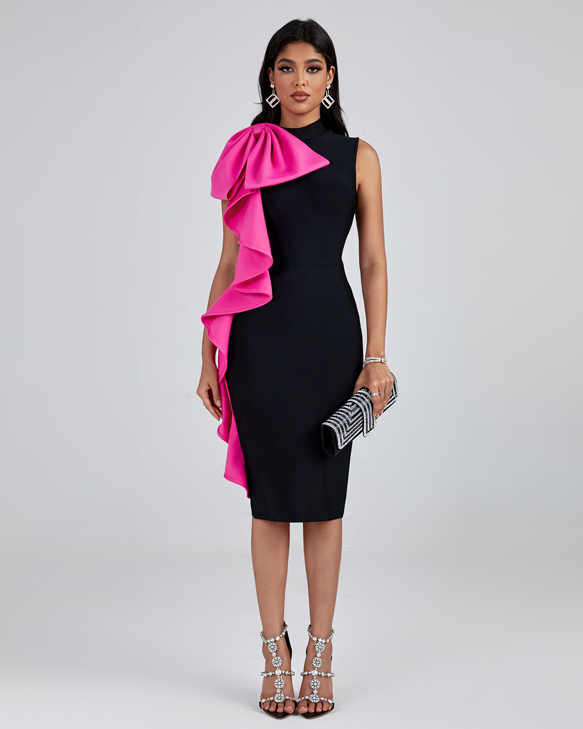 Bowknot Ruffle Midi Bandage Dress