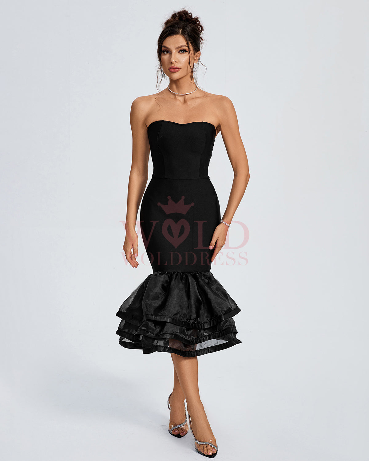 Strapless Tiered Ruffle Hem Bandage Dress