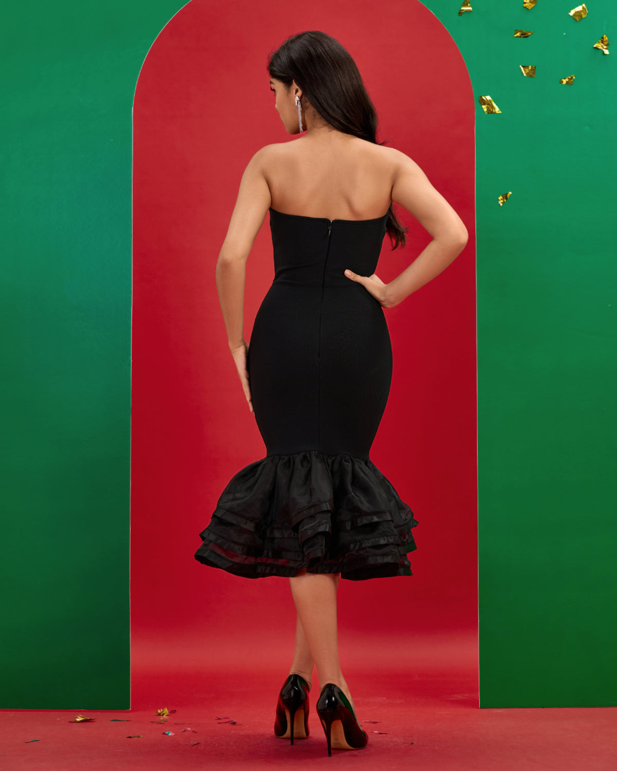 Strapless Tiered Ruffle Hem Bandage Dress