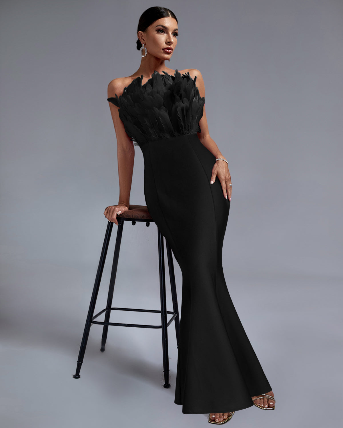 Strapless Feather Maxi Bandage Dress