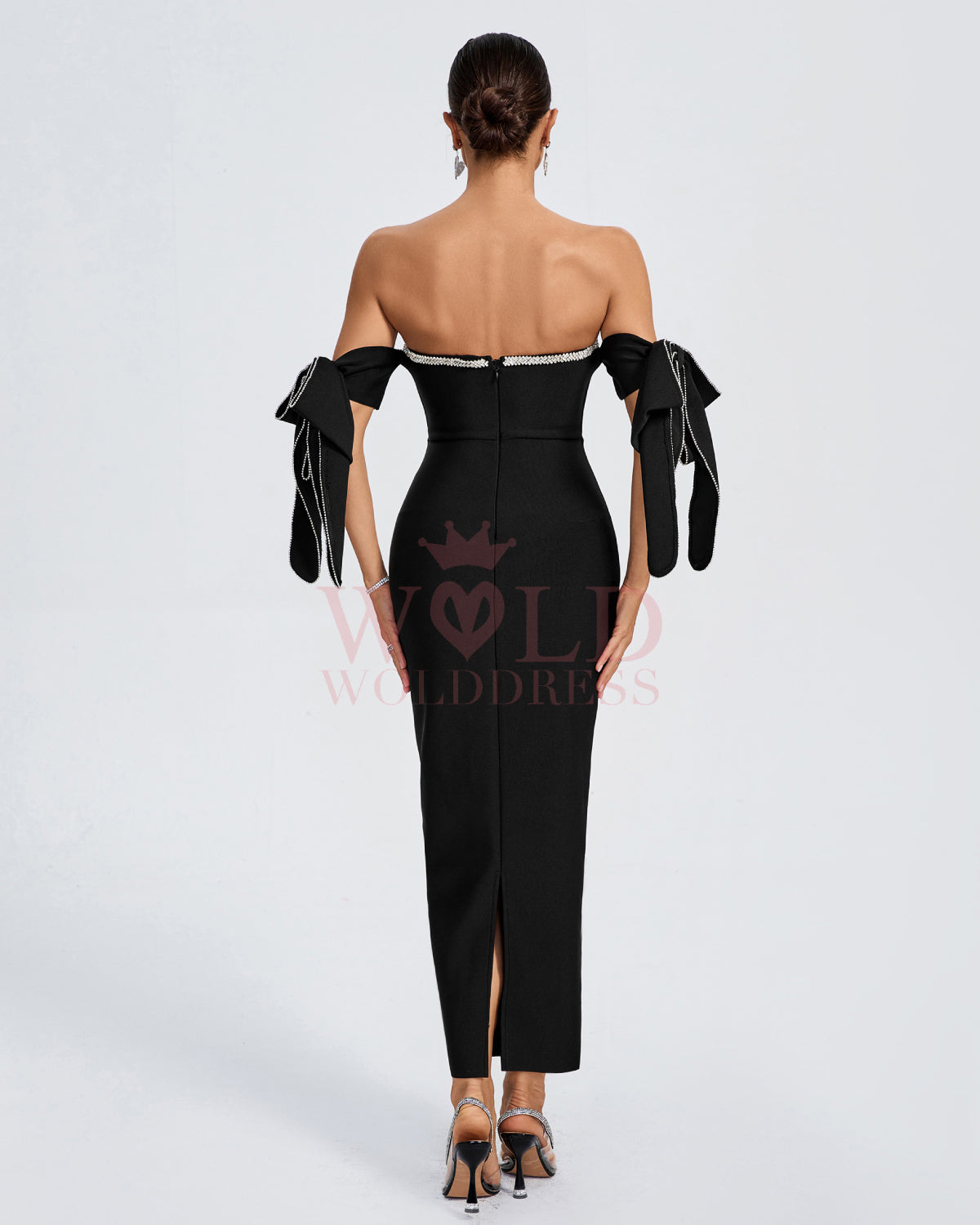 Rhinestone Trim Bowknot-Sleeve Bandage Dress