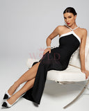 Pearl-Embellished Halter Maxi Bandage Dress