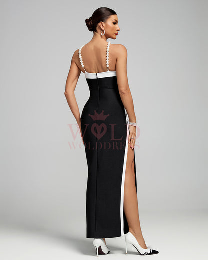 Pearl-Embellished Halter Maxi Bandage Dress