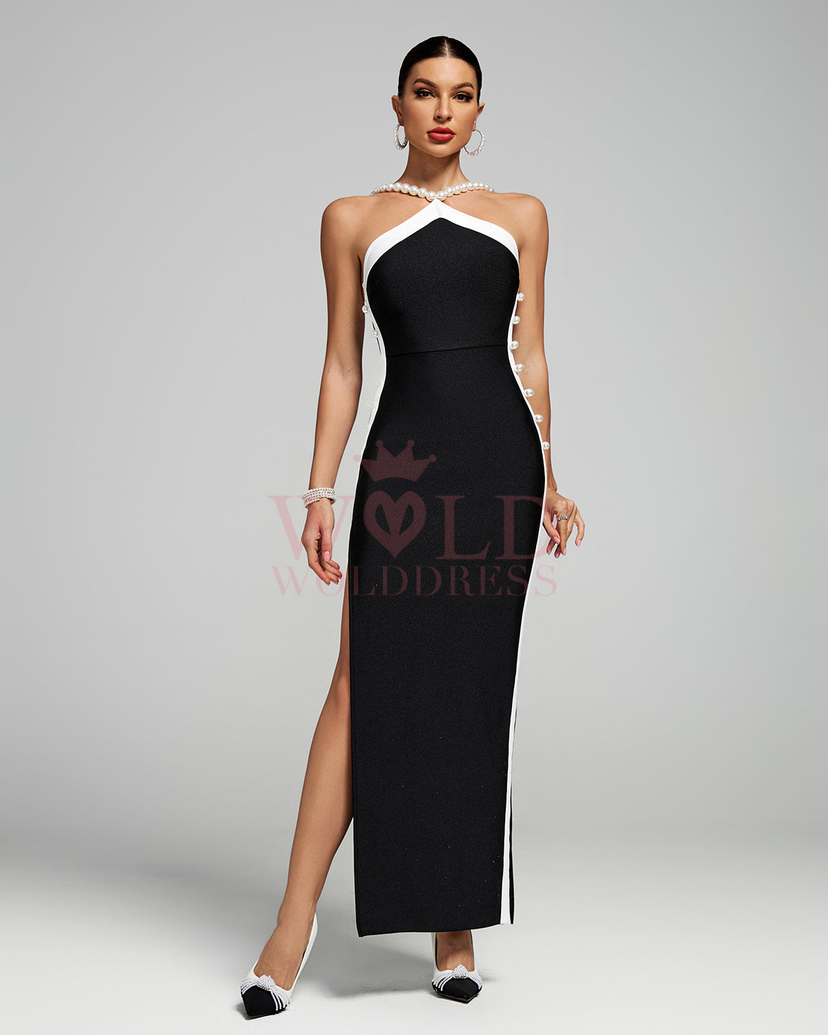 Pearl-Embellished Halter Maxi Bandage Dress