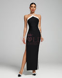 Pearl-Embellished Halter Maxi Bandage Dress