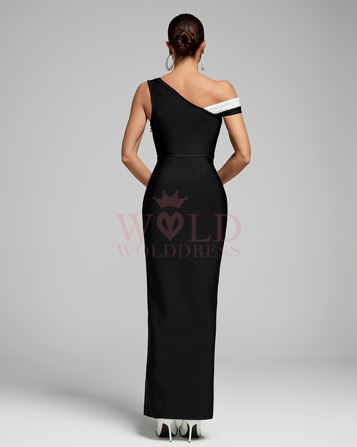 One Shoulder Pearl Patchwork Bandage Maxi Dress