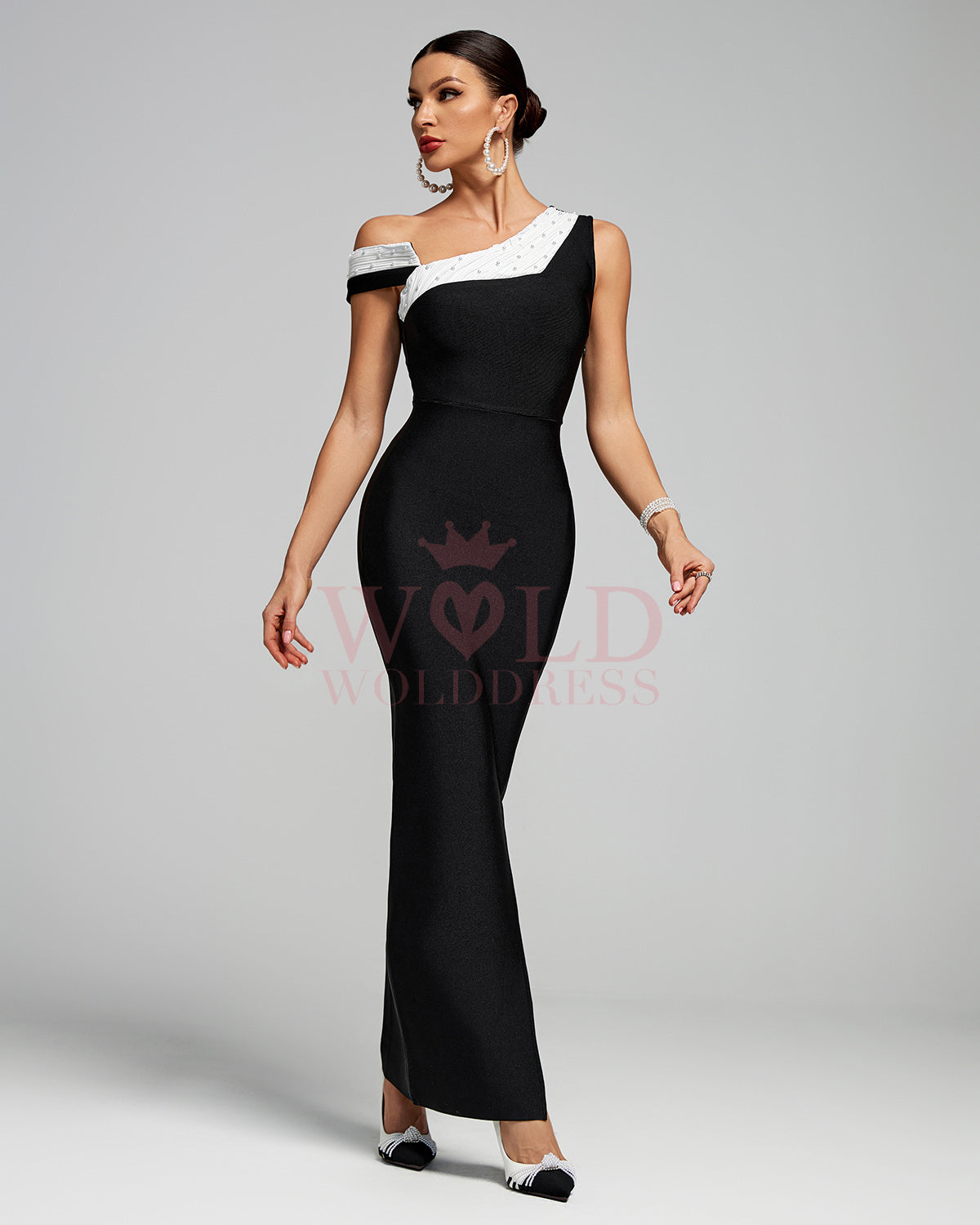 One Shoulder Pearl Patchwork Bandage Maxi Dress