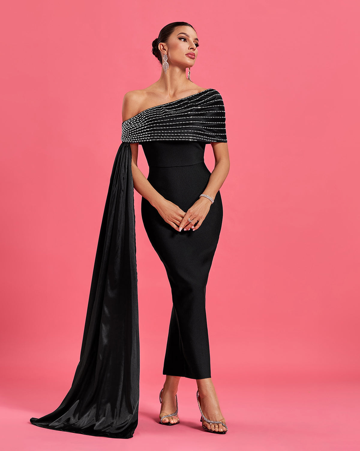 Slanted Shoulder Rhinestone Bandage Dress