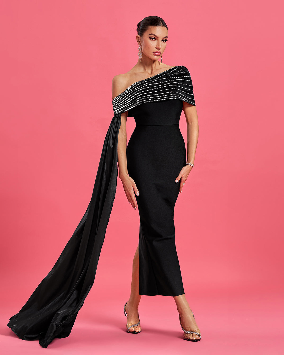 Slanted Shoulder Rhinestone Bandage Dress