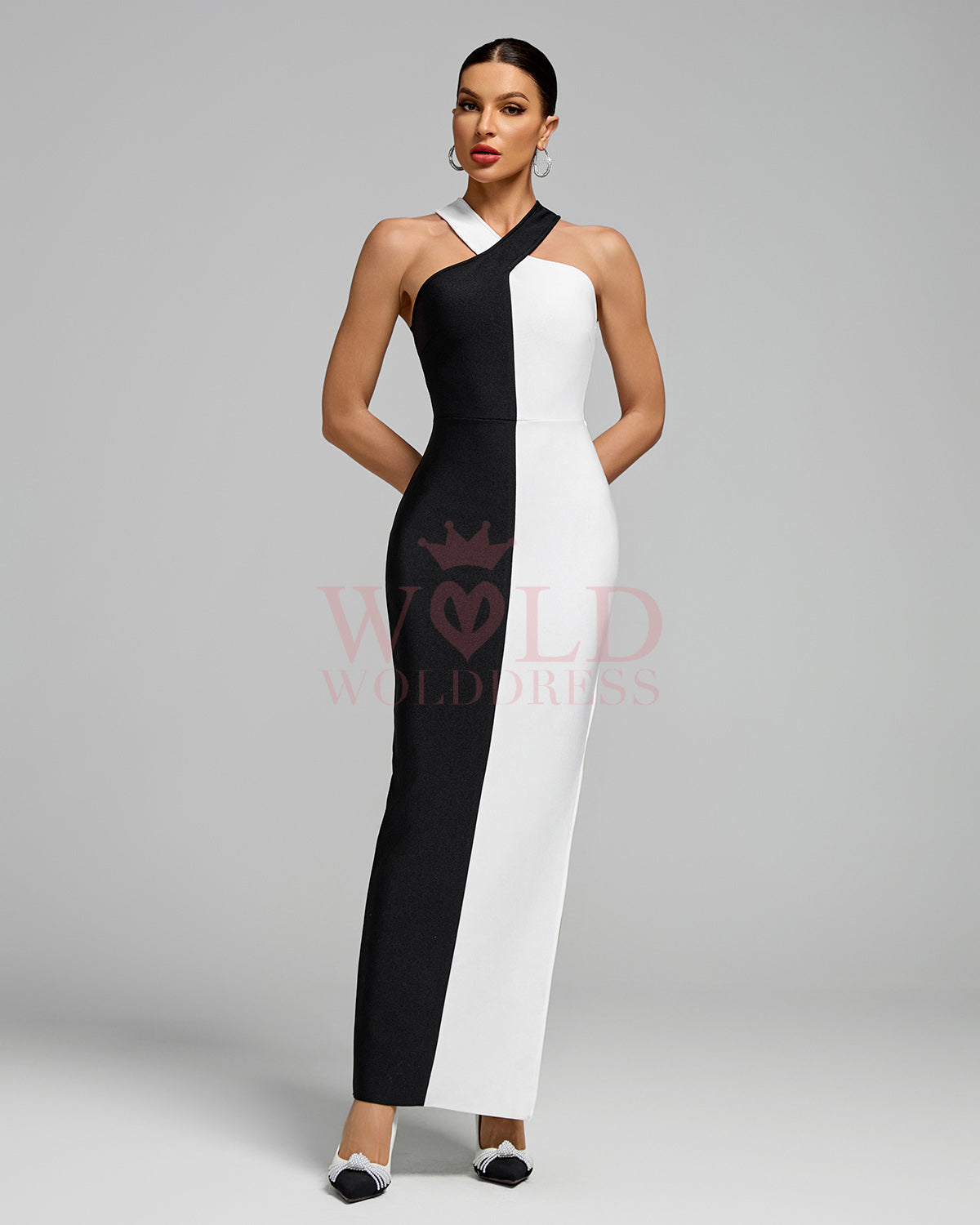 Black-White Cross Halter Neckline Bandage Dress