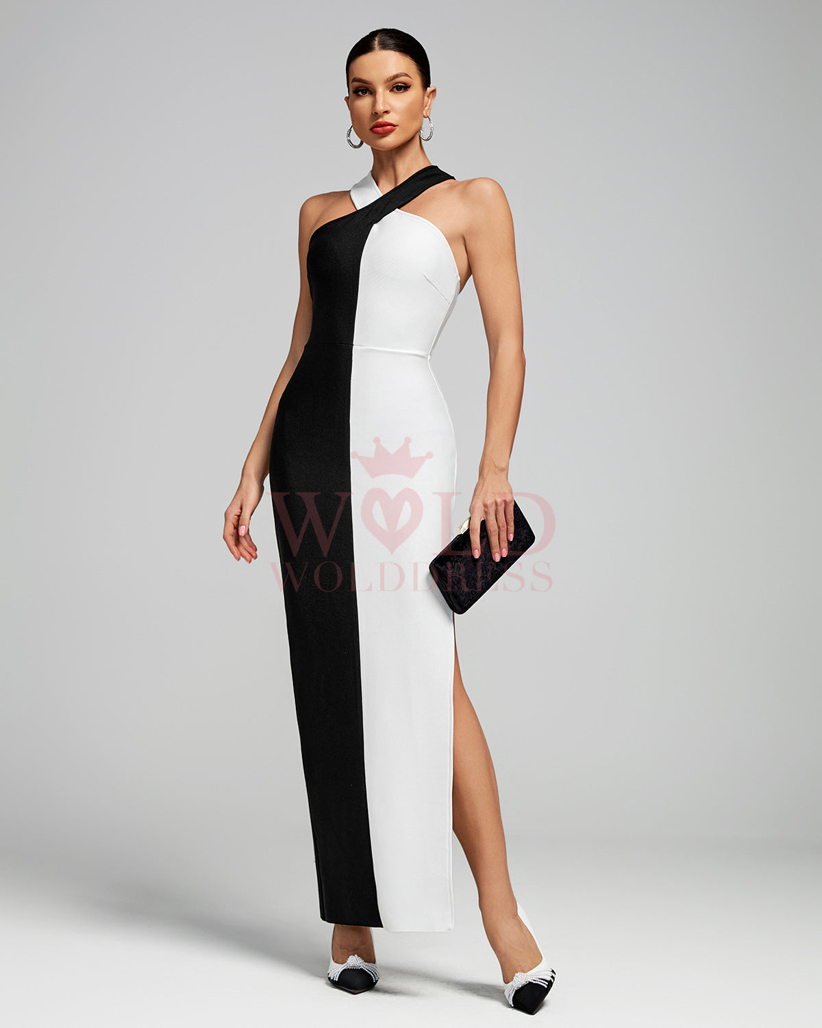 Black-White Cross Halter Neckline Bandage Dress