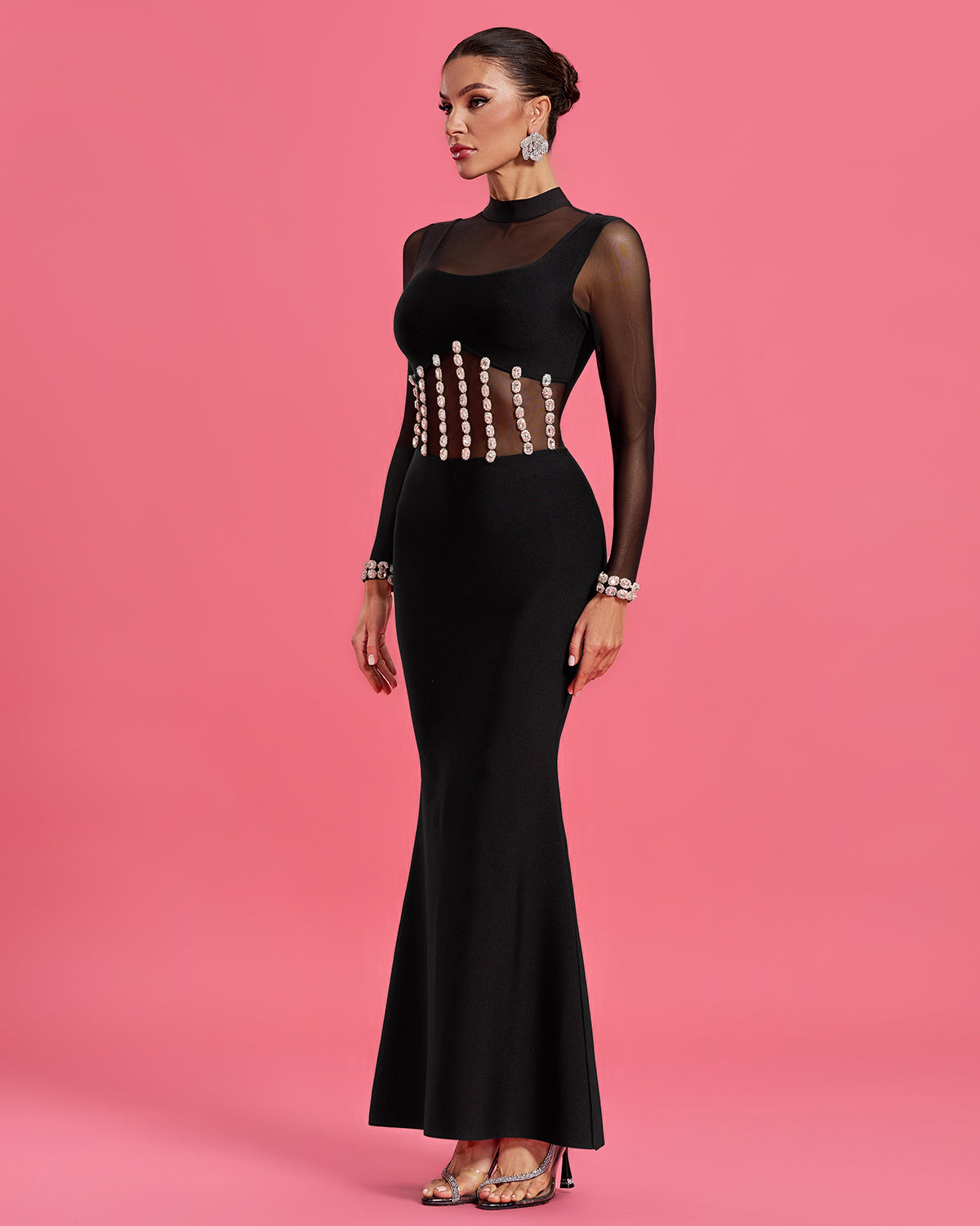Crystal-Embellished Mesh Bandage Mermaid Dress