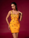Gold Butterfly Embellished Bandage Mini Dress