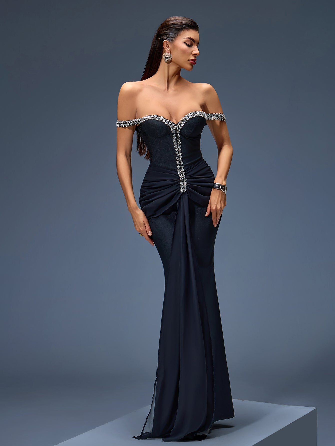 Off Shoulder Rhinestone Mesh Maxi Dress