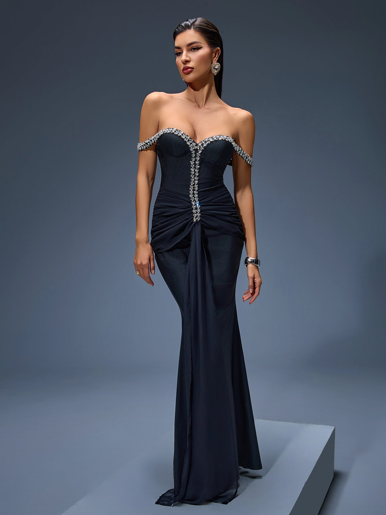 Off Shoulder Rhinestone Mesh Maxi Dress