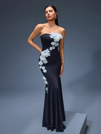 Contrast Color 3D Flowers Fishtail Dress