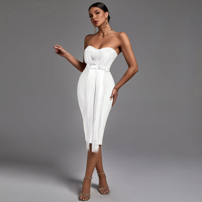 Strapless Sleeveless Tassels Midi Bandage Dress