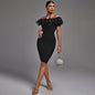 Off Shoulder Short Sleeve Feather Midi Bandage Dress