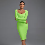 Square Collar Long Sleeve Striped Midi Bandage Dress