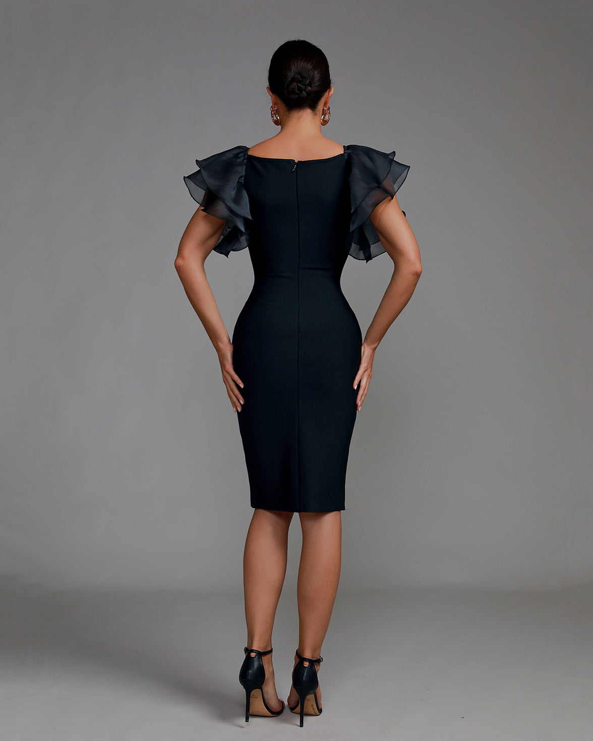 Elegant Puff Sleeve Tulle Midi Bandage Dress
