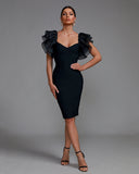 Elegant Puff Sleeve Tulle Midi Bandage Dress