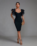 Elegant Puff Sleeve Tulle Midi Bandage Dress