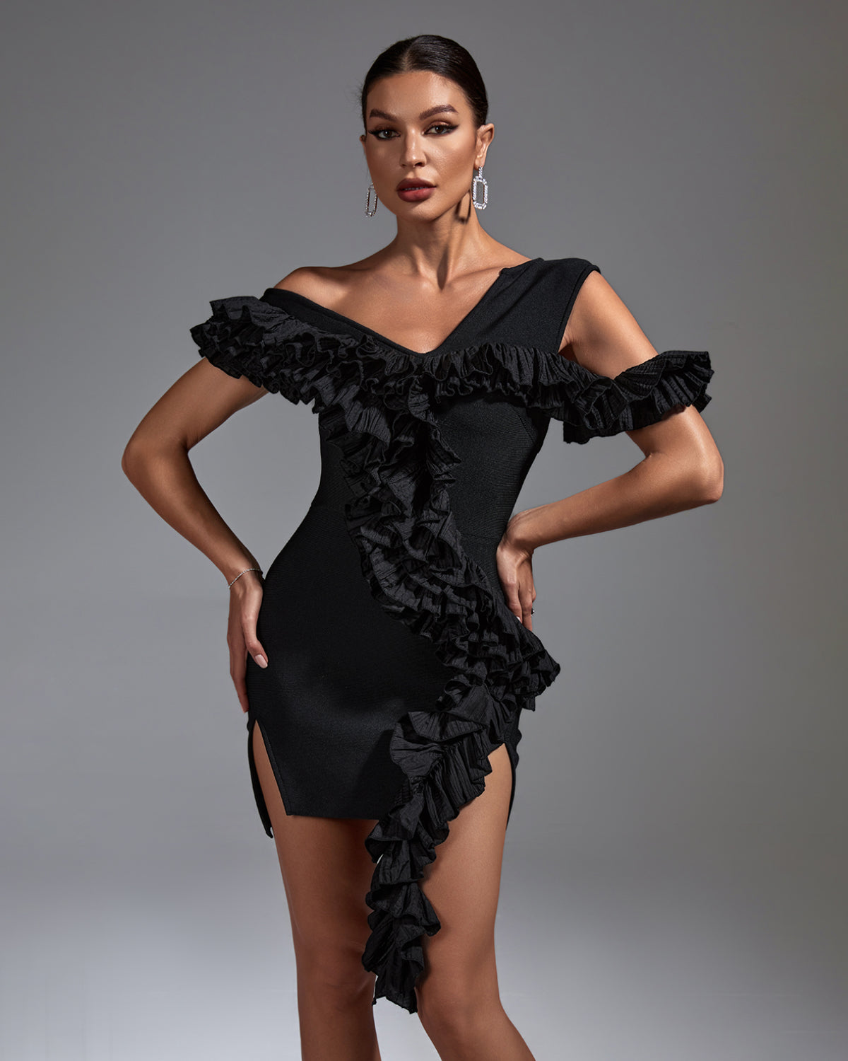 Asymmetric Ruffled Mini Bandage Dress