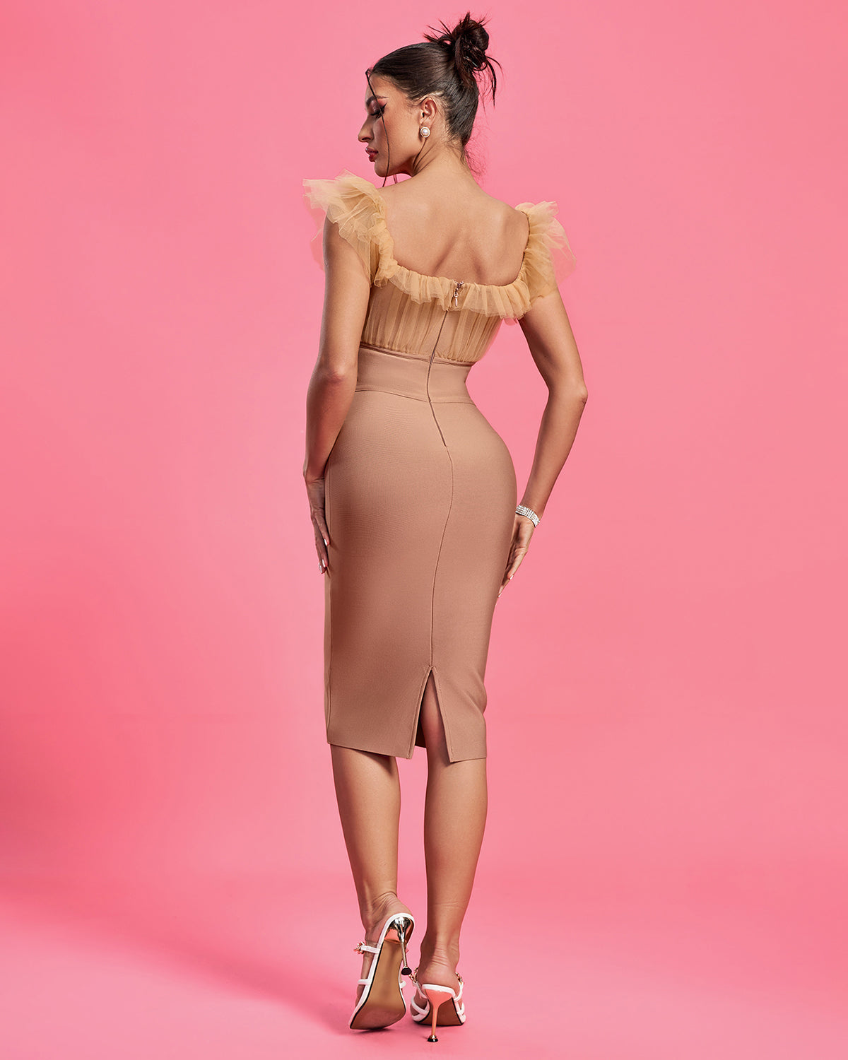 Chiffon Ruched Neck Midi Bandage Dress