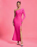 Asymmetric Mesh-Sleeves Maxi Bandage Dress