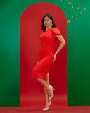 Ruffled Angel-sleeve Midi Bandage Dress