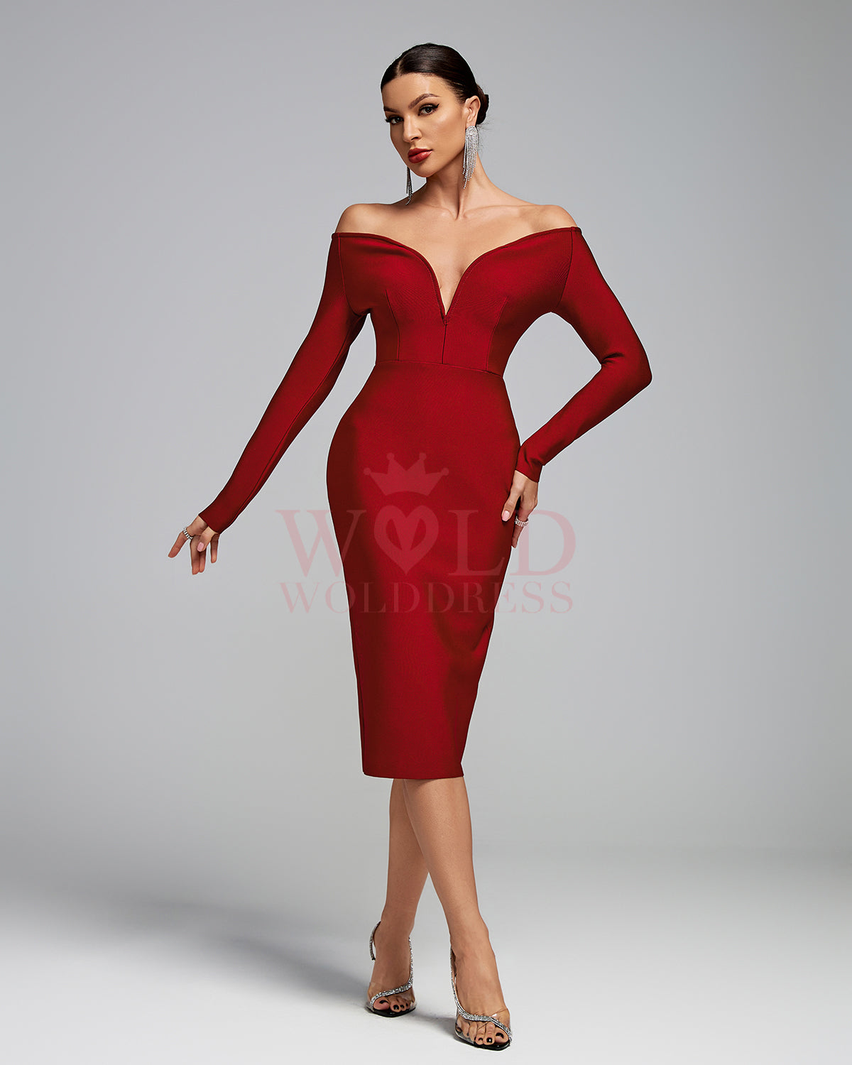 Burgundy Off Shoulder Bandage Midi Dress