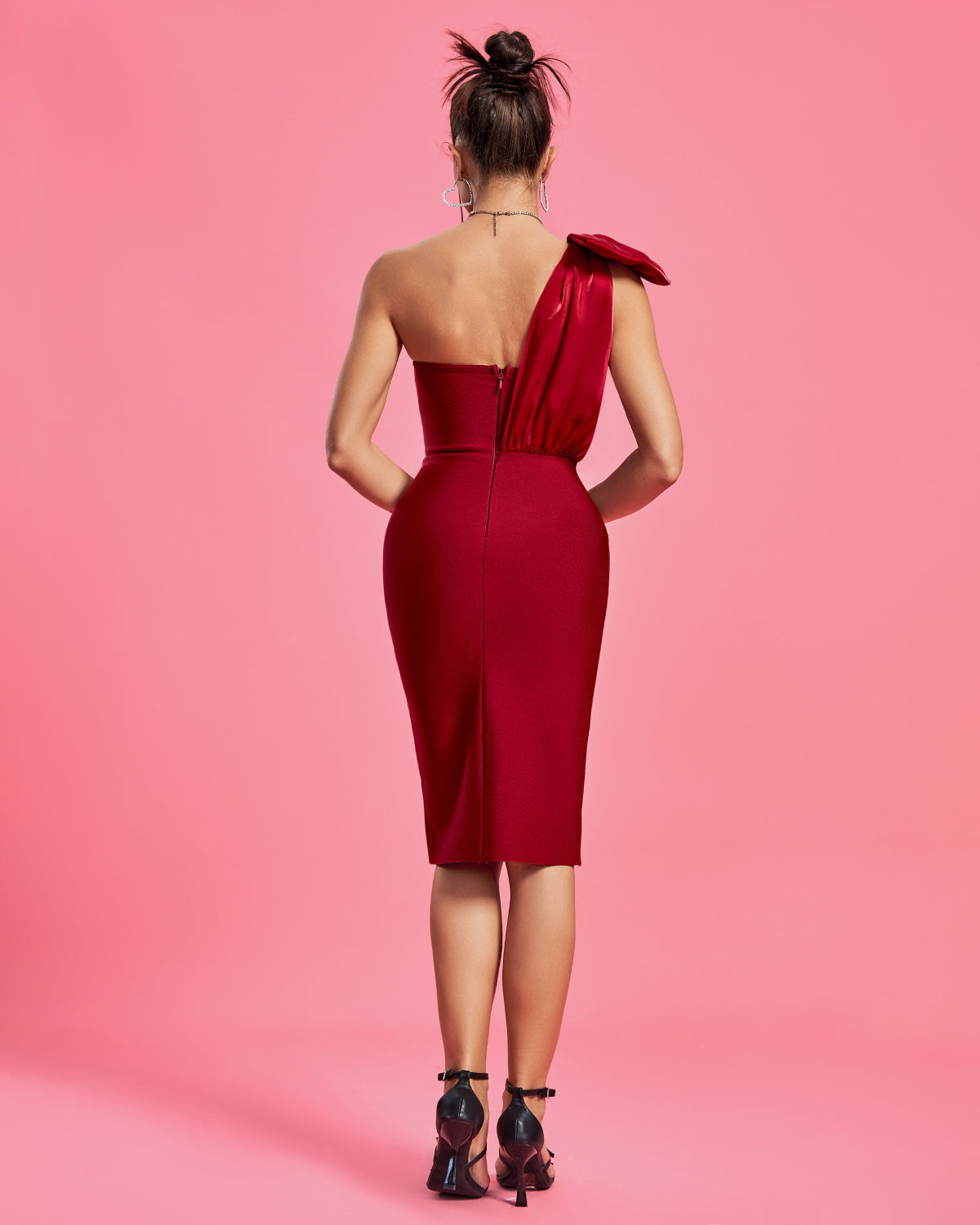 One Shoulder With Bow Midi Bandage Dress