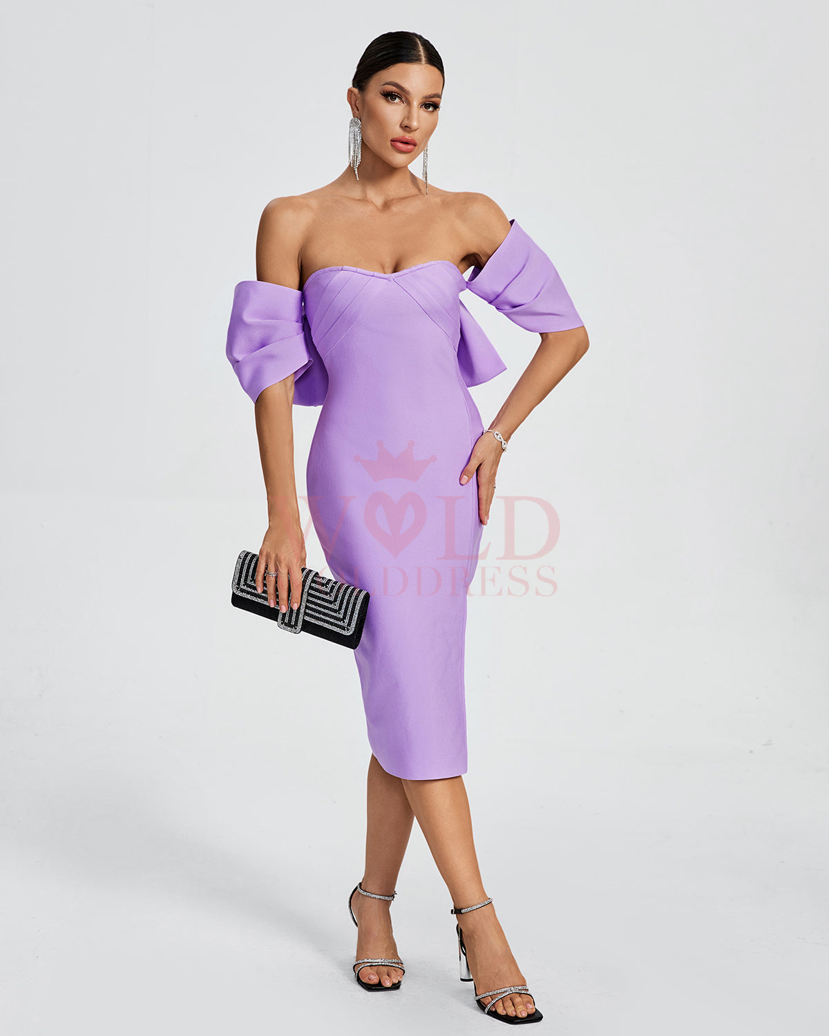 Off Shoulder Bow-Detail Midi Bandage Dress